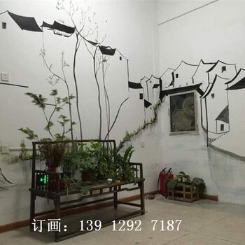 大背景墙彩绘江南建筑画风新视角文化艺术公司提供各种工装墙体彩绘